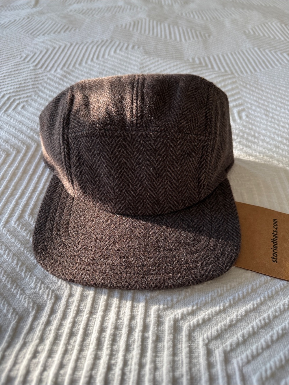 Storiedhats Brown Herringbone Wool Mix 5 Panel Hat - Large